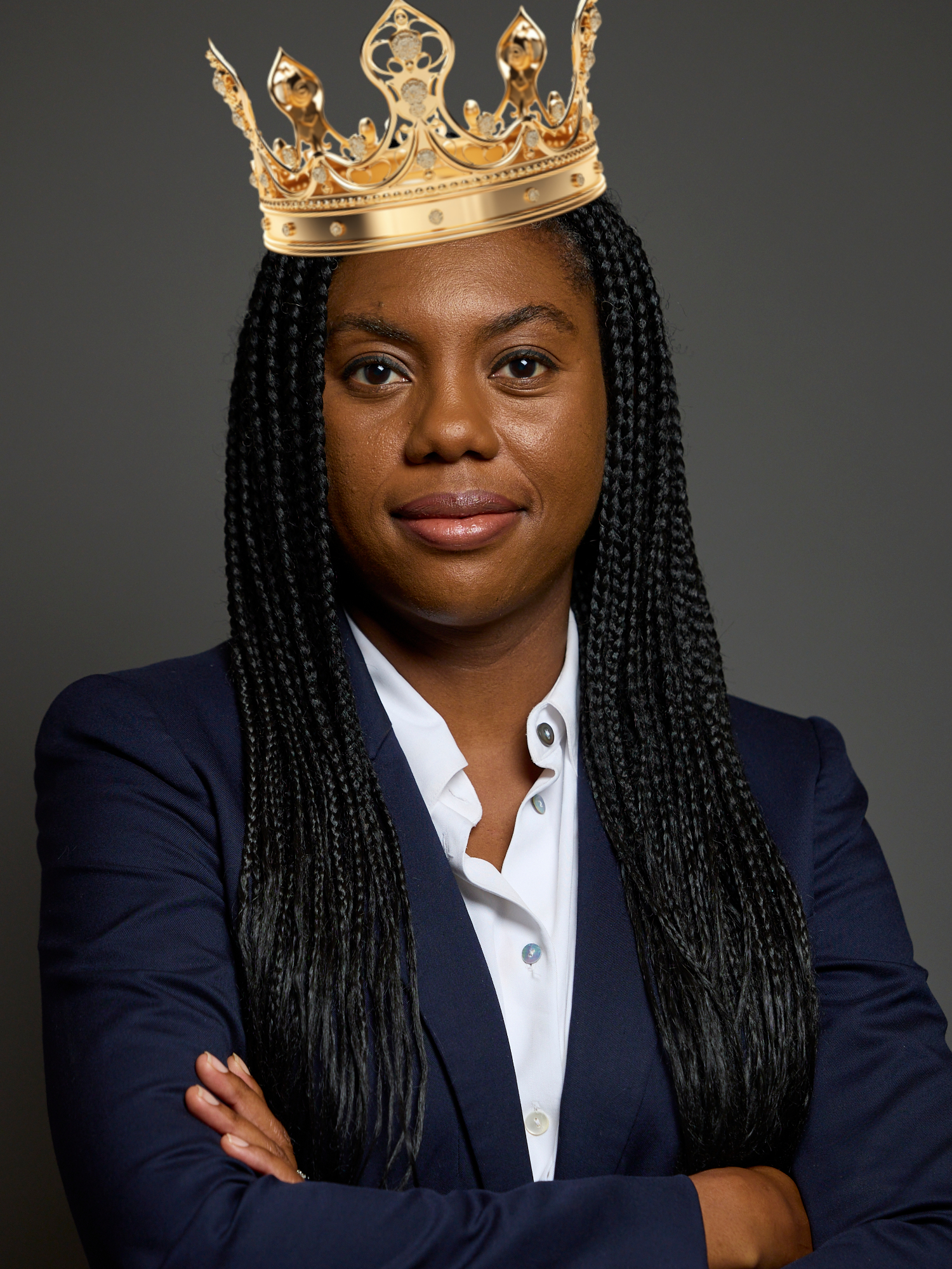 Kemi Badenoch's official parliamentary portrait edited to make it look as though she's wearing a crown.